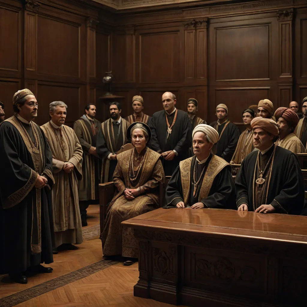 a group of people in robes and in robes sitting at a table in a courtroom with a judge and other people, unilalianism, a detailed matte painting, Dino Valls, vfx