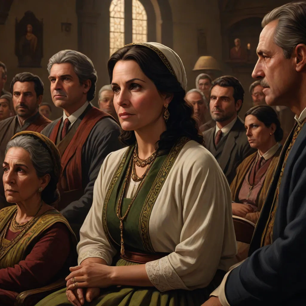 a group of people sitting in a church together, all wearing historical clothing and looking at something in the distance, american scene painting, a detailed painting, Anthony Palumbo, detailed painting