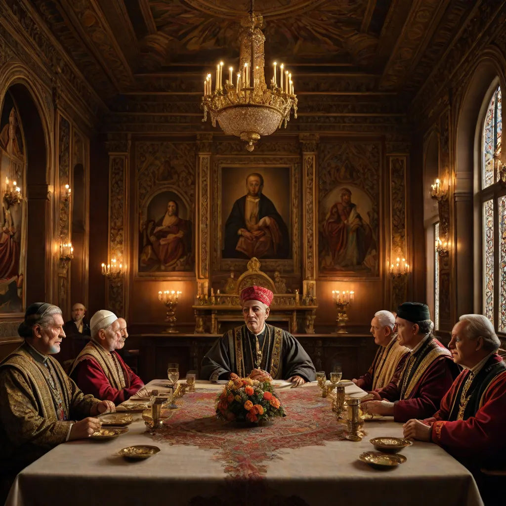 a group of people sitting around a table in a room with paintings on the walls and a chandelier, renaissance, a flemish Baroque, Alesso Baldovinetti, promotional image