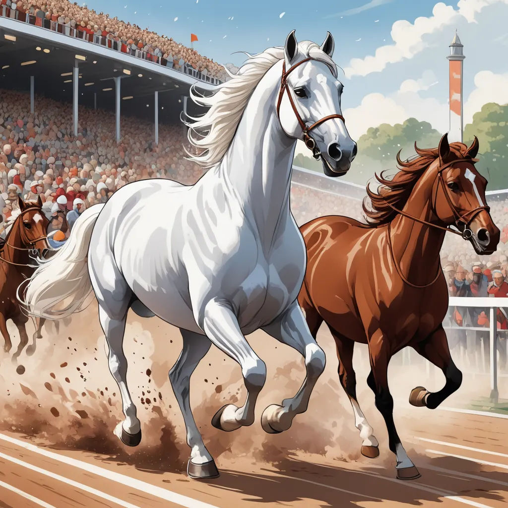 two horses running in a race in front of a crowd of people on a track with a crowd of people watching, american scene painting, a digital rendering, Boleslaw Cybis, highly detailed digital painting