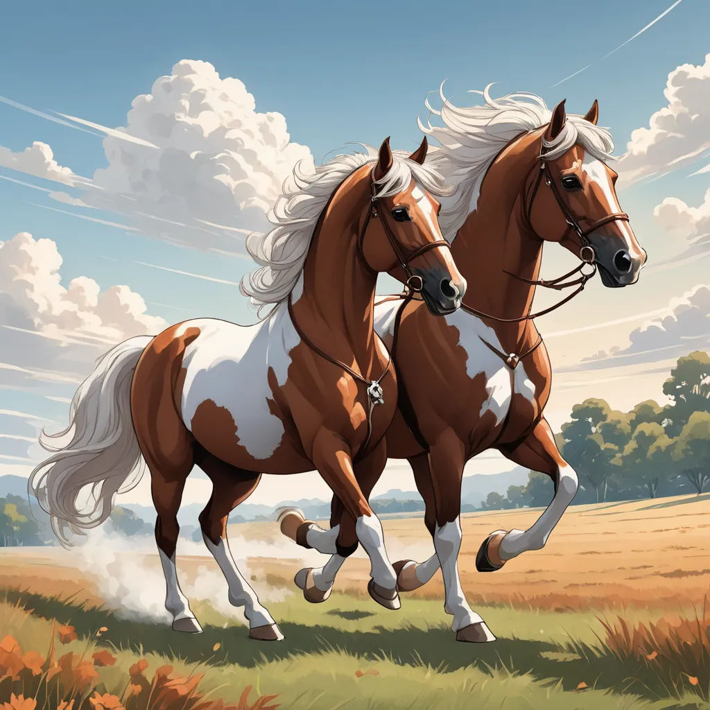 two horses running in a field with a sky background and clouds in the background, with a blue sky and white clouds, american scene painting, an ultrafine detailed painting, Brothers Hildebrandt, rossdraws global illumination