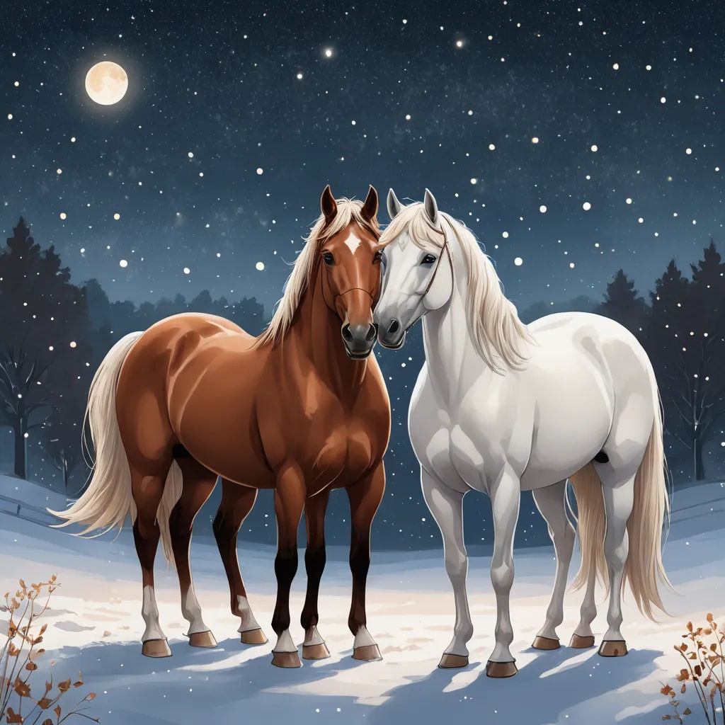 two horses standing in the snow at night time with the moon in the background and stars in the sky, naive art, a storybook illustration, Anne Stokes, highly detailed digital painting