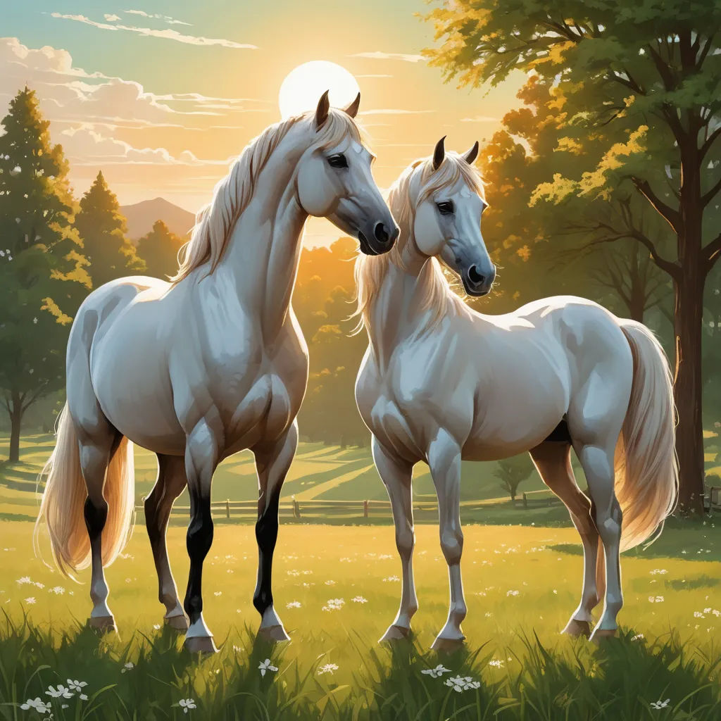 two white horses standing in a field with trees in the background and a sun setting behind them, with a sky with clouds and a few clouds, american scene painting, an airbrush painting, Brothers Hildebrandt, highly detailed digital painting