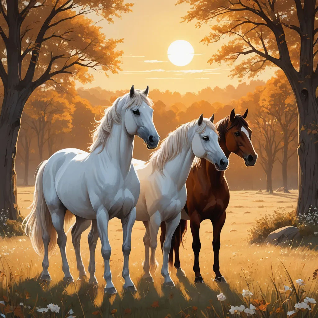 three horses standing in a field with trees in the background and a sun setting in the sky behind them, american scene painting, a fine art painting, Brothers Hildebrandt, highly detailed digital painting