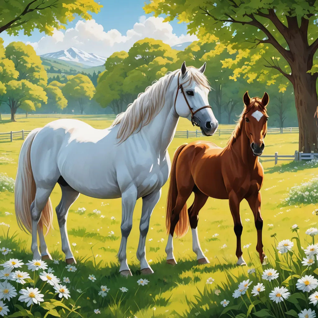 a painting of two horses in a field of flowers and trees with a mountain in the background and a sky with clouds, american scene painting, a detailed matte painting, Brothers Hildebrandt, professional digital painting