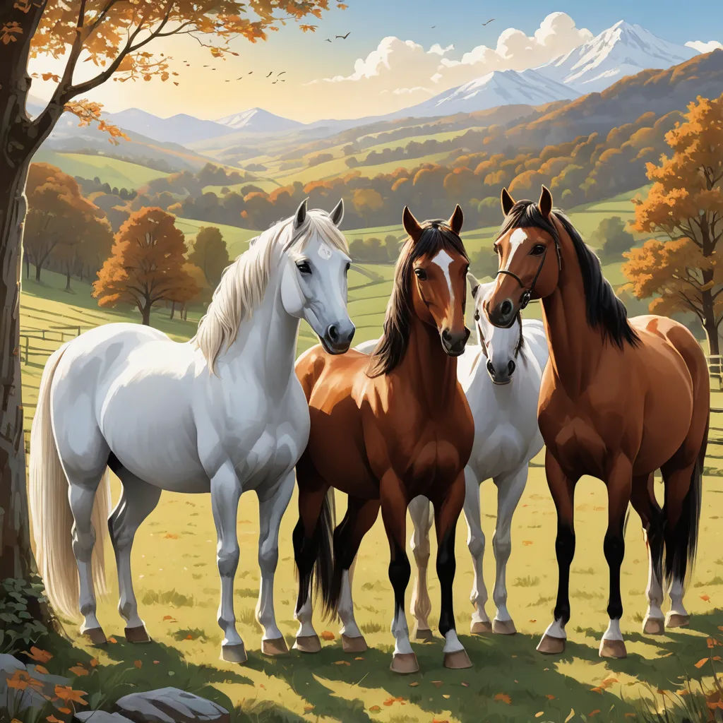 a group of horses standing in a field next to a tree and mountains in the background with a sky background, american scene painting, a detailed painting, Brothers Hildebrandt, highly detailed digital painting