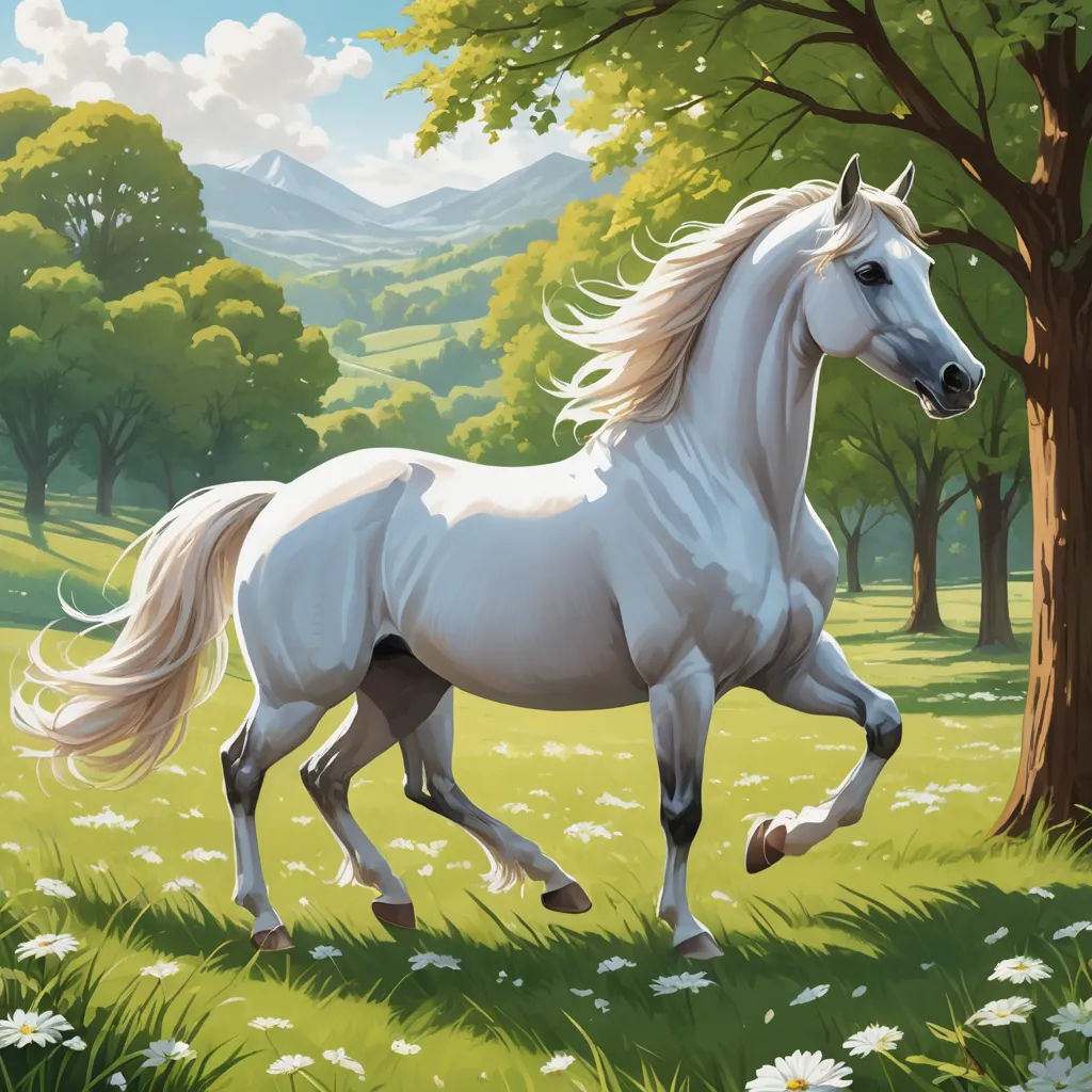a white horse running through a field of grass and flowers near a tree with mountains in the background and a sky with clouds, american scene painting, a detailed matte painting, Chris LaBrooy, professional digital painting