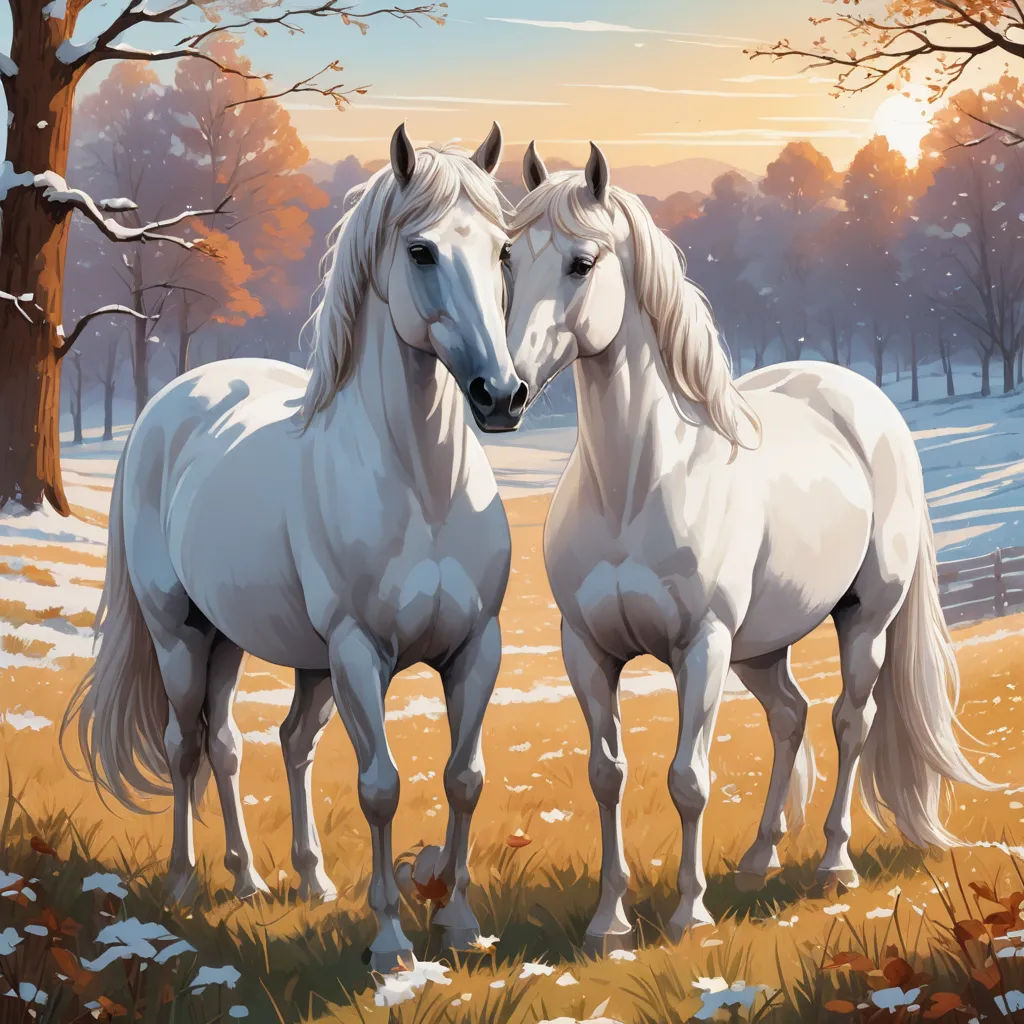 two white horses standing in a snowy field with trees in the background and a sunset in the background,, american scene painting, an airbrush painting, Brothers Hildebrandt, highly detailed digital painting