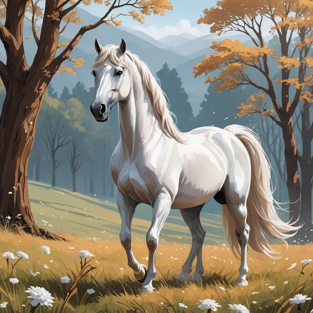 a white horse standing in a field next to a tree and flowers with mountains in the background and a blue sky, american scene painting, an ultrafine detailed painting, Chris LaBrooy, professional digital painting