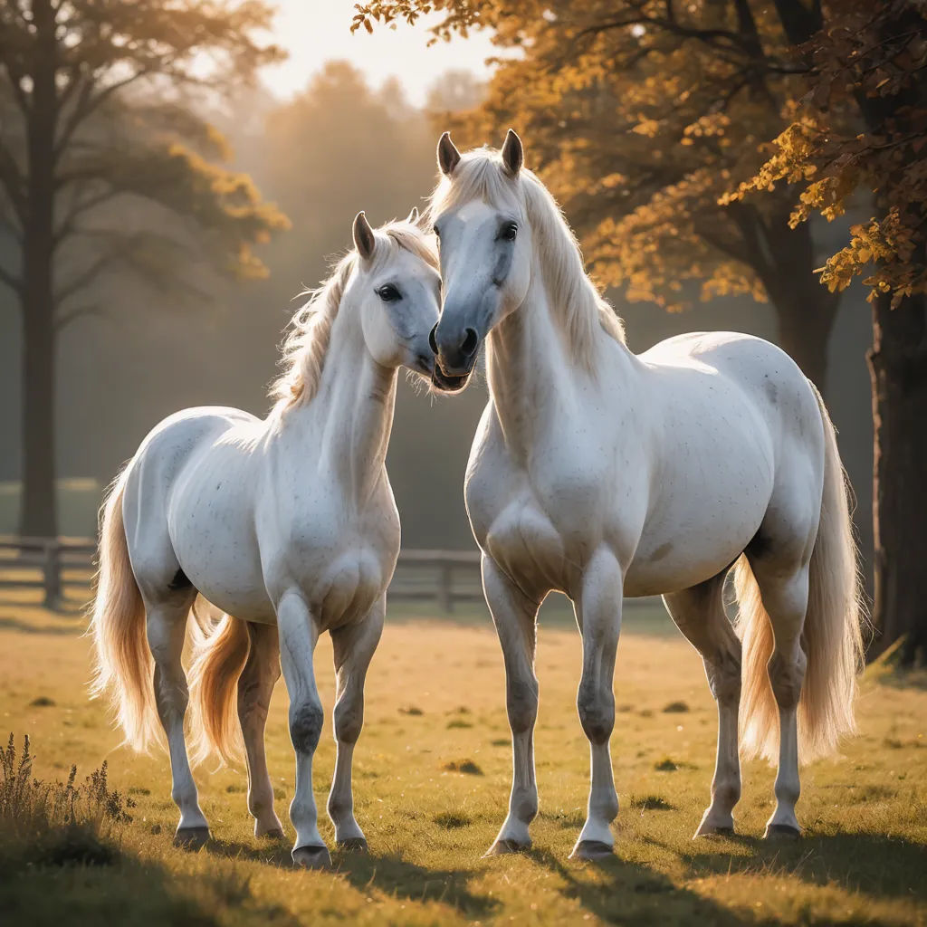two white horses standing next to each other on a field of grass and trees in the background, with the sun shining on the horses, tonalism, a stock photo, Elke Vogelsang, animal photography