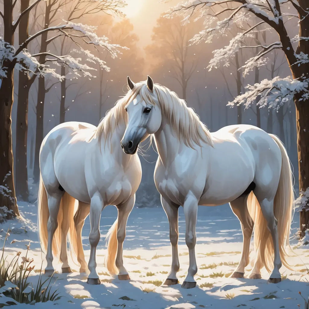 two white horses standing in a snowy forest with trees and snow on the ground and the sun shining through the trees, figurative art, a fine art painting, Anne Stokes, highly detailed digital painting