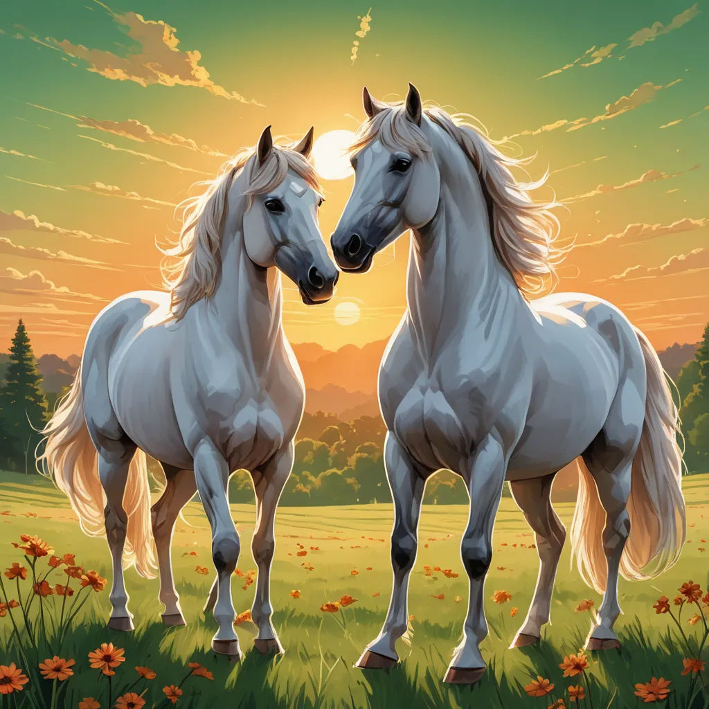 two white horses standing in a field of flowers at sunset with the sun setting behind them and the sky, american scene painting, an airbrush painting, Anne Stokes, highly detailed digital painting