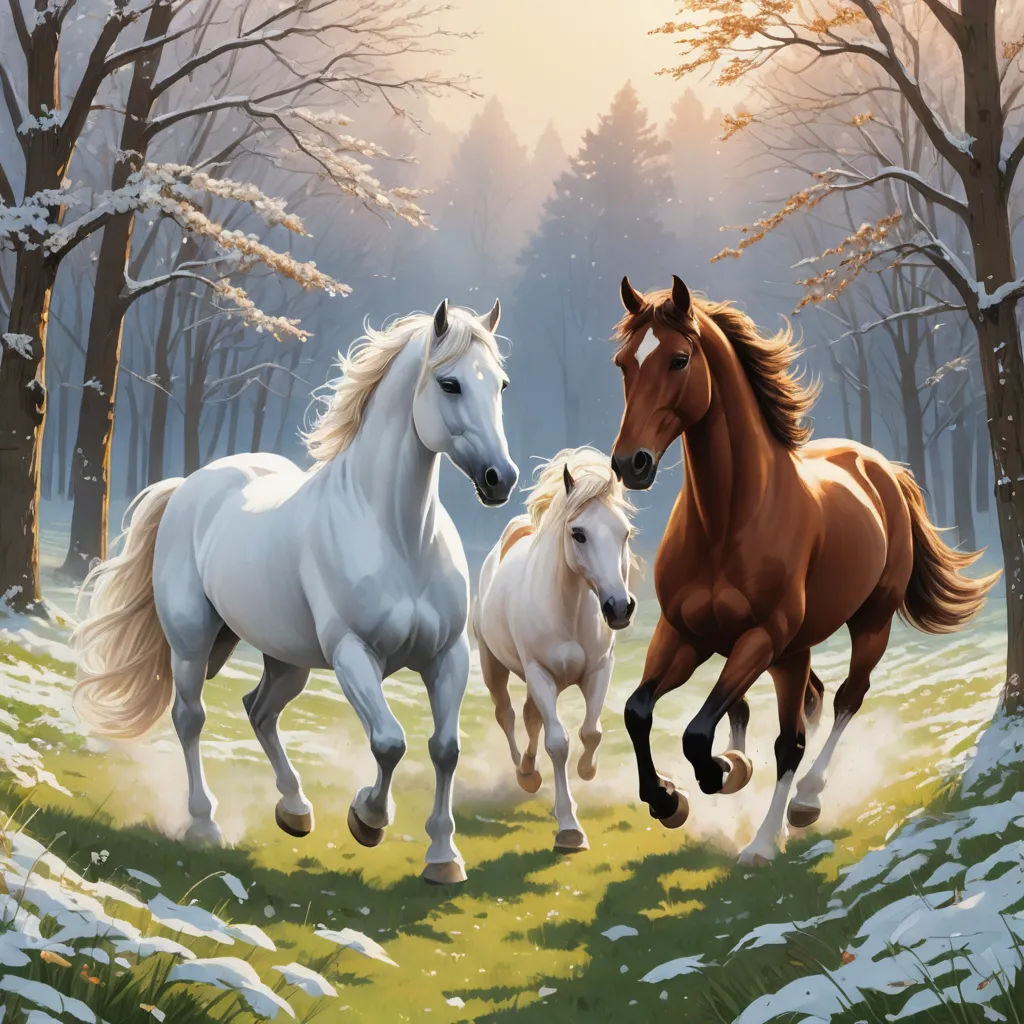 three horses running in a snowy forest with trees in the background and snow on the ground and grass on the ground, american scene painting, a storybook illustration, Brothers Hildebrandt, professional digital painting