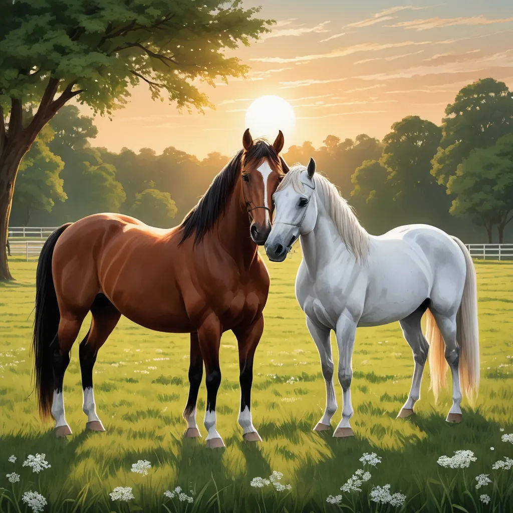 two horses standing in a field of grass with trees in the background and a sunset in the background with clouds, american scene painting, an airbrush painting, Brothers Hildebrandt, highly detailed digital painting