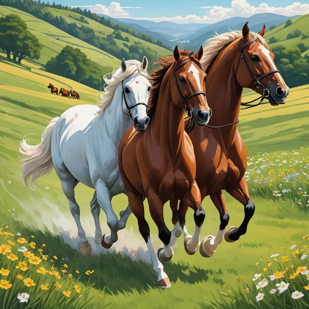 two horses running in a field with a mountain in the background and a sky with clouds above them, with a few wildflowers in the foreground, american scene painting, a detailed painting, Brothers Hildebrandt, highly detailed digital painting