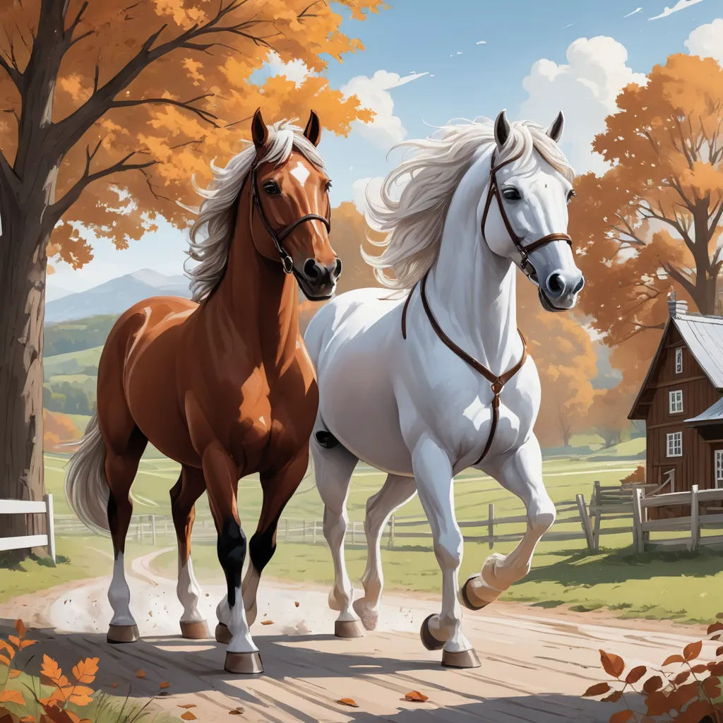two horses are walking down a path in the fall leaves, with a barn in the background and a tree with orange leaves, american scene painting, a detailed painting, Brothers Hildebrandt, professional digital painting