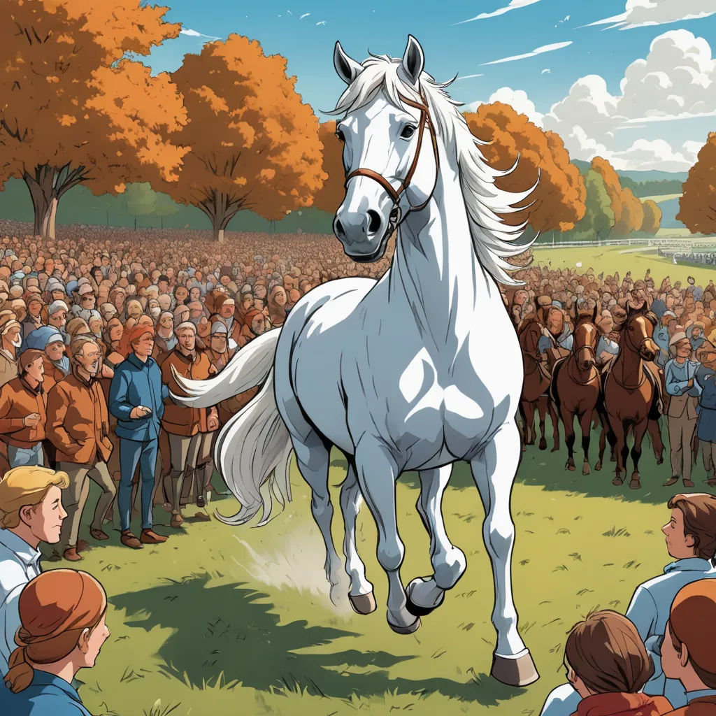 a white horse is galloping in front of a crowd of people in a field with trees and a sky background, context art, a comic book panel, Eric de Kolb, graphic novel