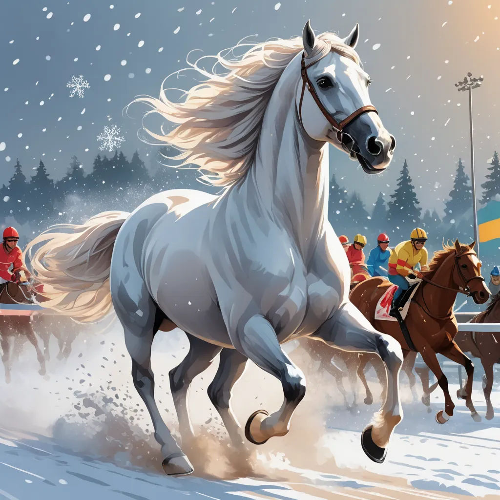 a painting of a horse racing in the snow with other horses behind it and people on horseback behind it, american scene painting, an ultrafine detailed painting, Boleslaw Cybis, highly detailed digital painting