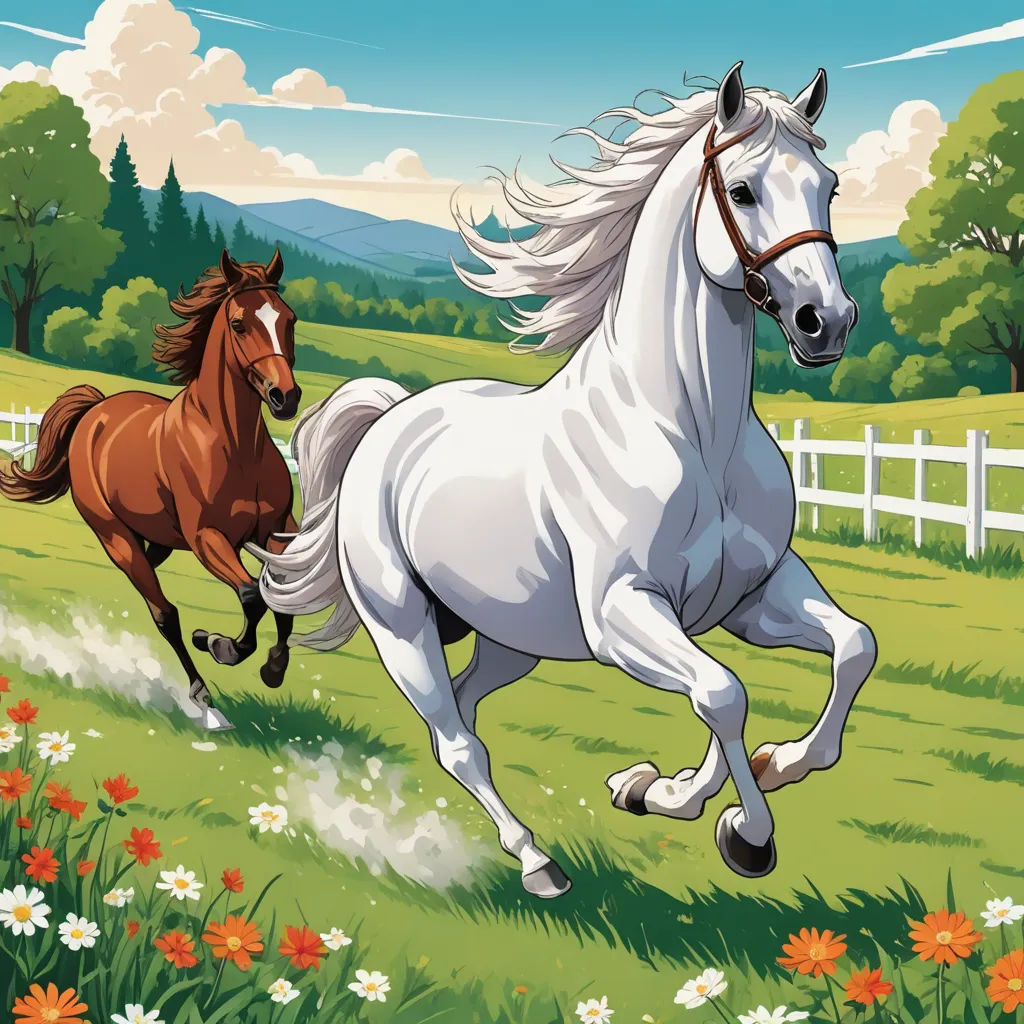 two horses running in a field of flowers and grass with a fence in the background and a sky with clouds, american scene painting, a storybook illustration, Chris LaBrooy, promotional image