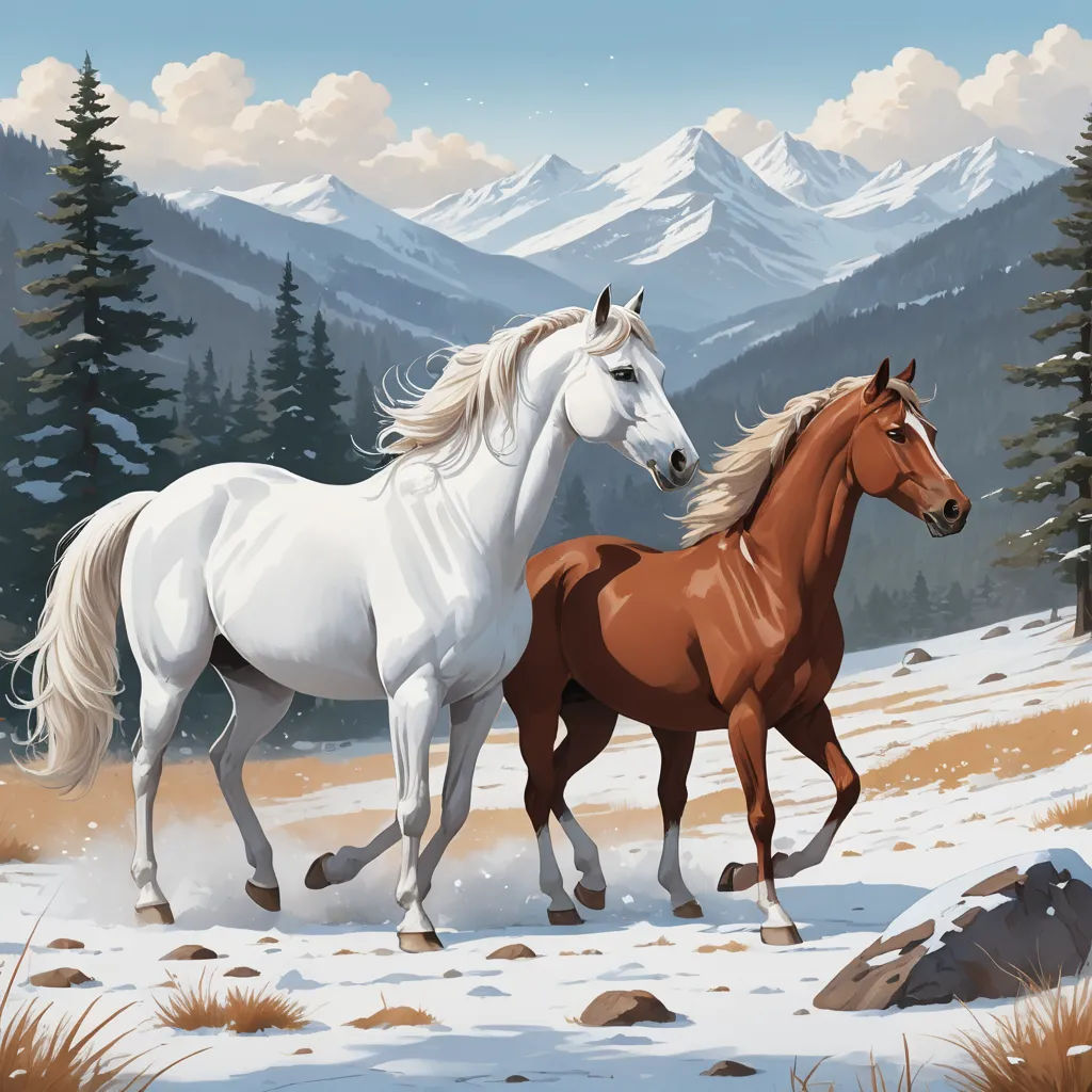 two horses running in the snow in a mountain landscape with pine trees and mountains in the background, with a blue sky and clouds, american scene painting, an airbrush painting, Brothers Hildebrandt, highly detailed digital painting