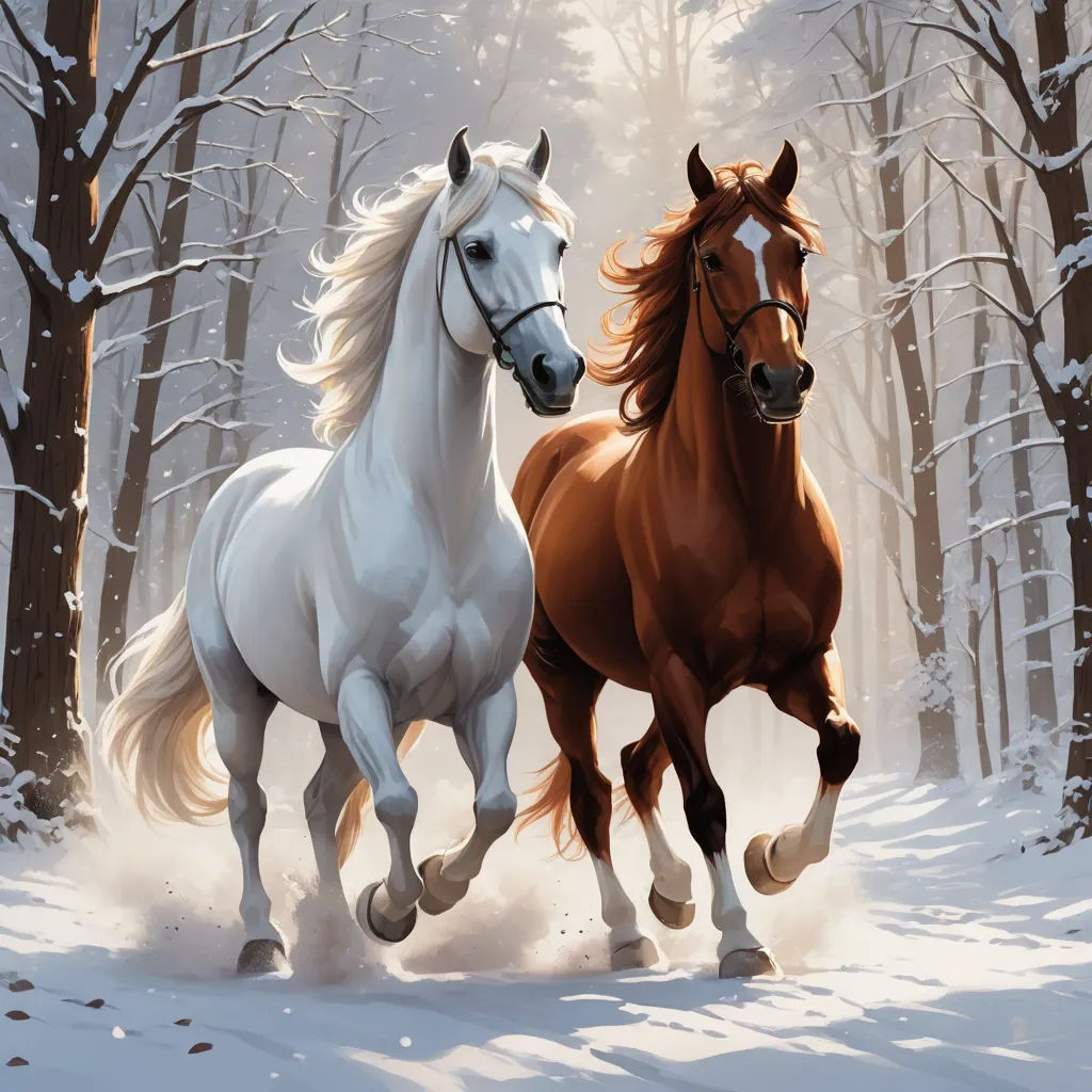 two horses running in the snow in a forest with trees and snow on the ground and one horse is running, fantasy art, a digital painting, Brothers Hildebrandt, highly detailed digital painting