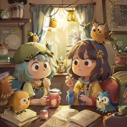 a couple of kids sitting at a table with books and cups of tea in front of them and a window