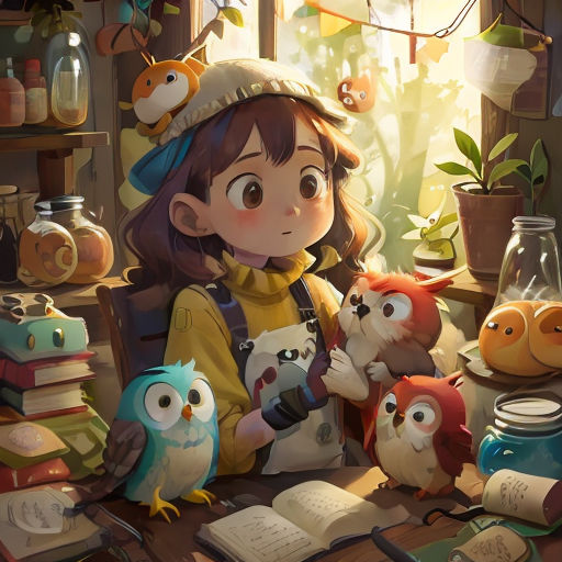 a girl is sitting at a desk with many stuffed animals and books on it, and a vase with a bird on it