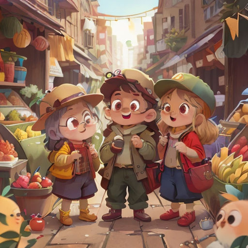 a group of children standing in front of a market filled with fruits and vegetables and a dog on the sidewalk