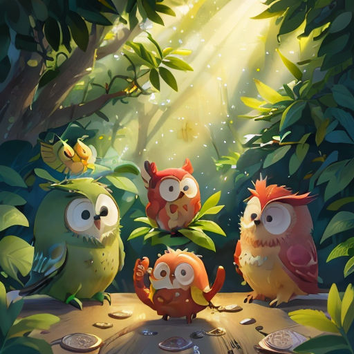 a group of owls sitting on top of a tree stump in a forest with sunlight streaming through the trees