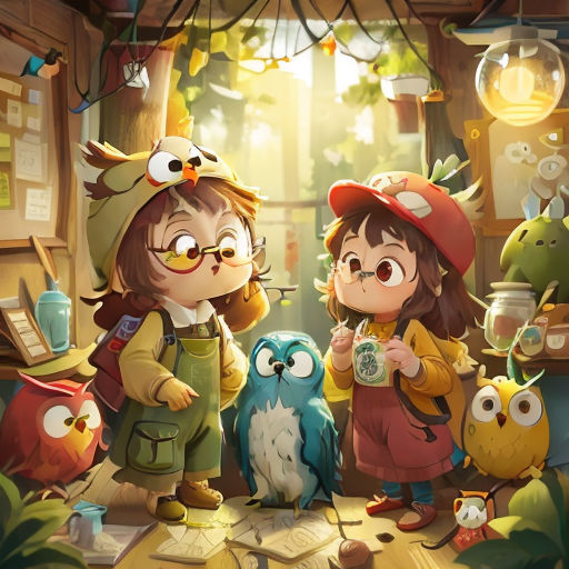 a group of children standing next to each other in a room with owls and other animals around them,