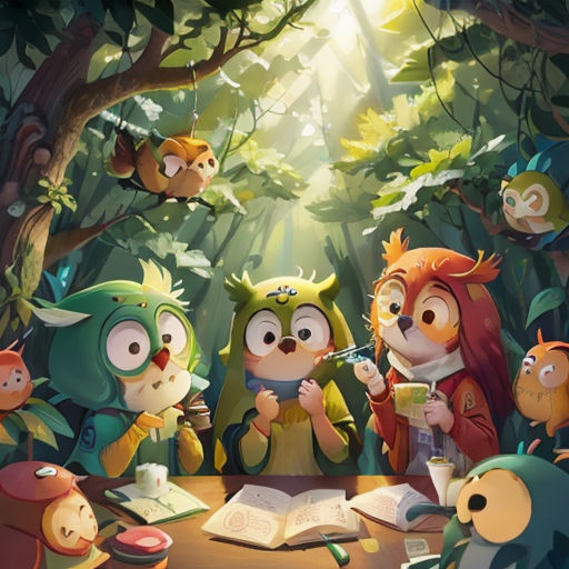 a group of cartoon characters sitting around a table in the woods with a book and cup of coffee in front of them