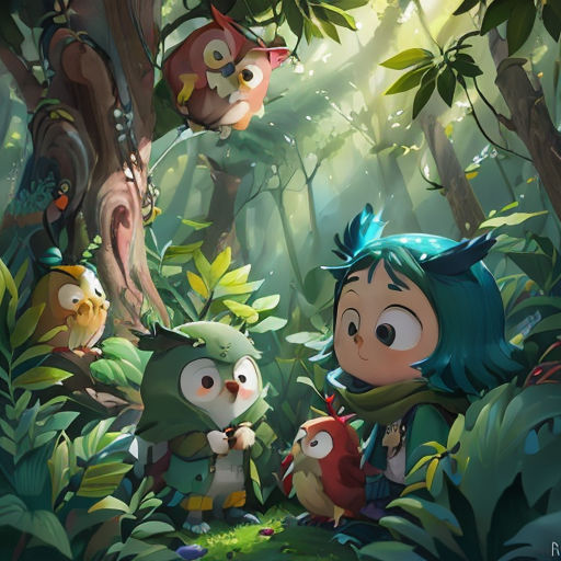 a group of cartoon characters in the woods with owls and plants around them, with a forest background and a forest scene