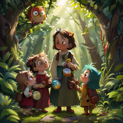 a group of children standing in a forest with a light shining on them and a woman holding a globe