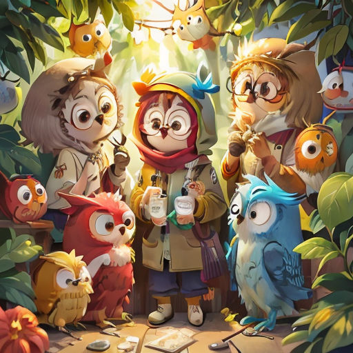 a group of cartoon characters standing in a forest with owls and birds around them, all looking at something