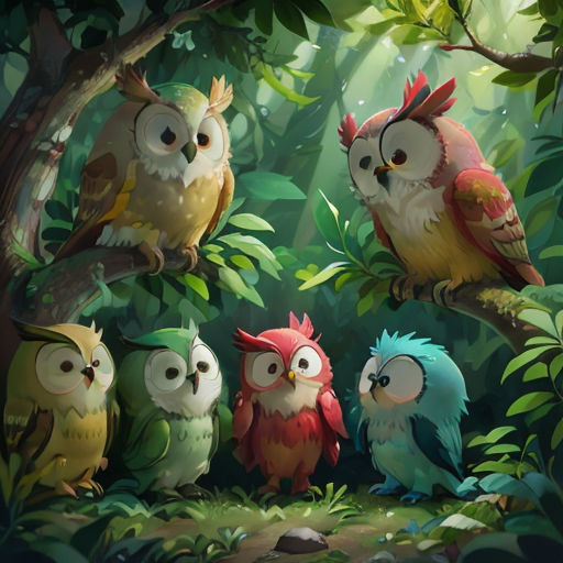 a group of owls sitting on top of a tree branch in a forest with leaves and a bird on its back