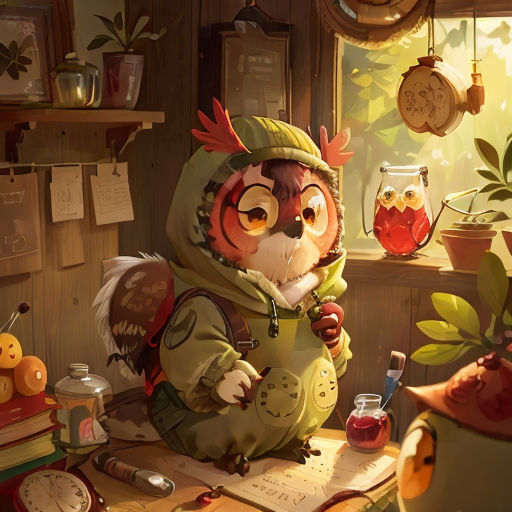 a little owl is sitting at a desk with a book and a jar of honey in front of him
