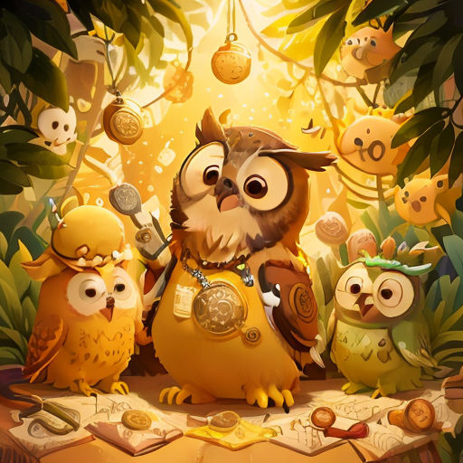 a group of owls standing next to each other on a table with a clock on it and a tree in the background