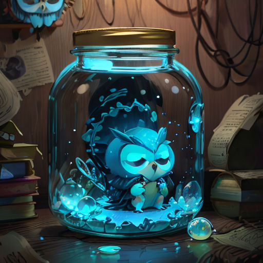 a glass jar with a cartoon character inside of it on a table next to books and a lamp on a wall
