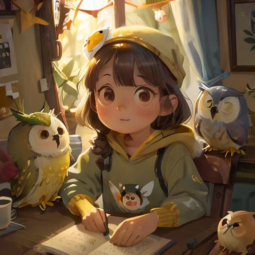 a girl sitting at a table with owls on her head and writing a book in front of her,