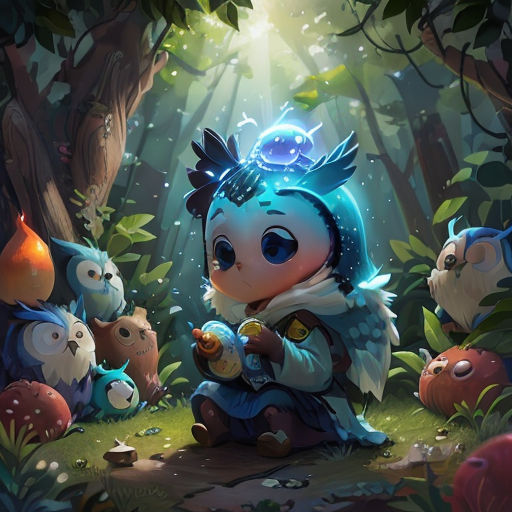 a cartoon character sitting in the middle of a forest surrounded by owls and mushrooms, with a glowing light coming from behind her
