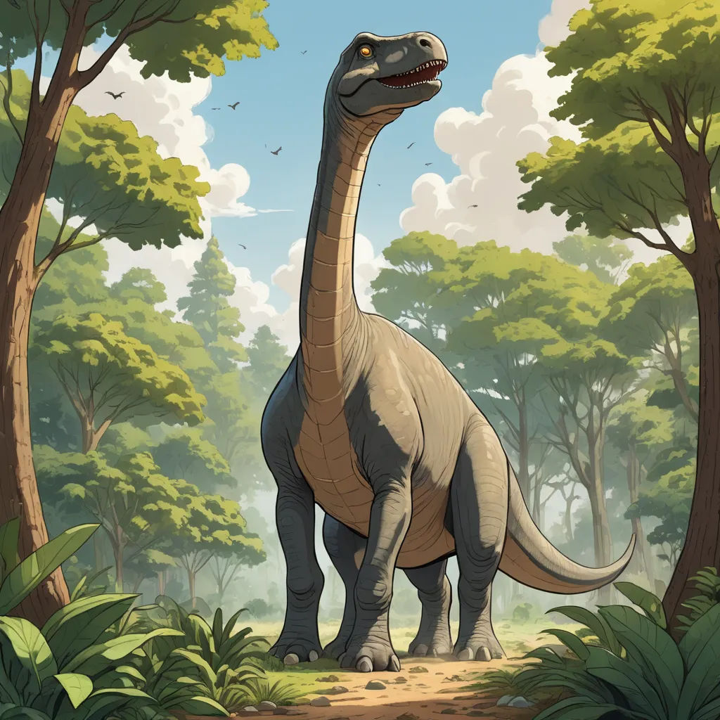 a dinosaur standing in the middle of a forest with trees and bushes around it, with a sky background, altermodern, an illustration of, Chris LaBrooy, official art