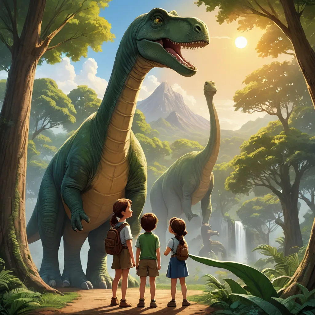 two children standing in front of a dinosaur in a forest with a waterfall in the background and a mountain in the background, neo-primitivism, a storybook illustration, Adam Rex, rossdraws global illumination