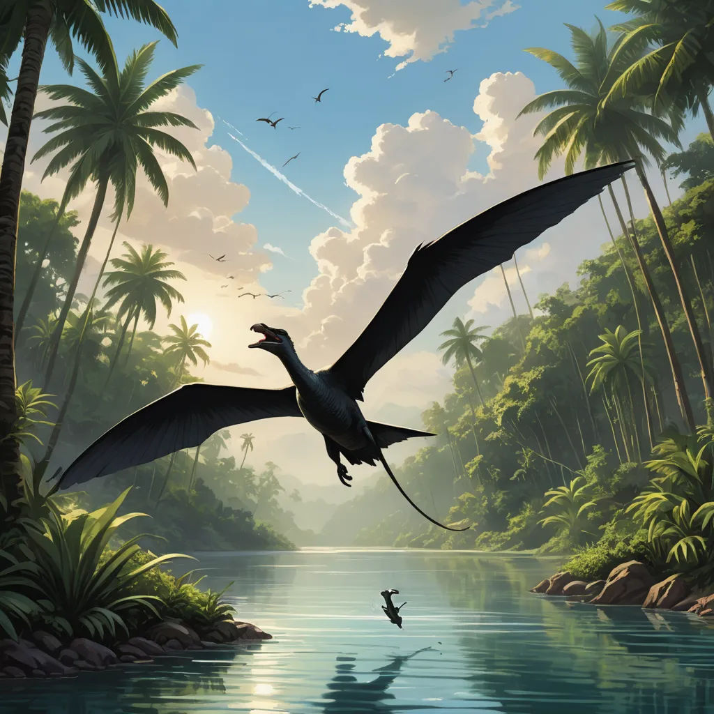 a bird flying over a river surrounded by palm trees and a forest filled with birds flying over it's head, altermodern, a detailed matte painting, Christophe Vacher, magic the gathering artwork