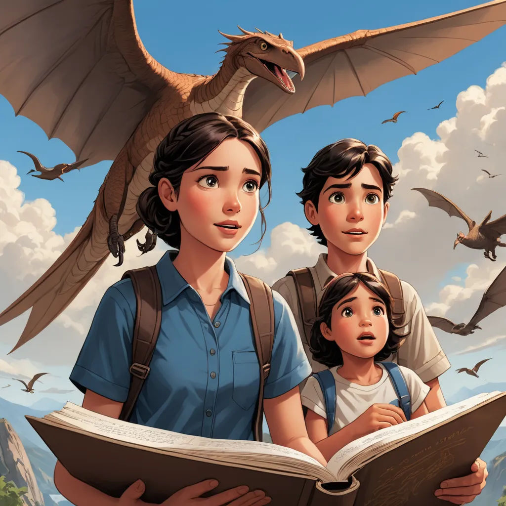 a woman and two children are reading a book with a dragon flying above them in the sky above them, fantasy art, a storybook illustration, Clint Cearley, official art
