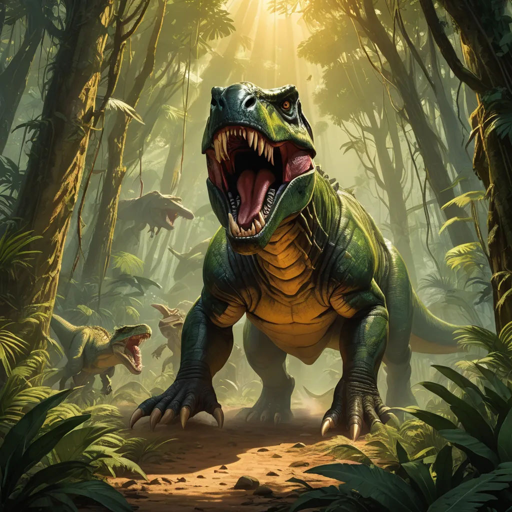 a dinosaur in the middle of a forest with its mouth open and teeth wide open, with other dinosaurs in the background, altermodern, concept art, Adam Rex, magic the gathering artwork