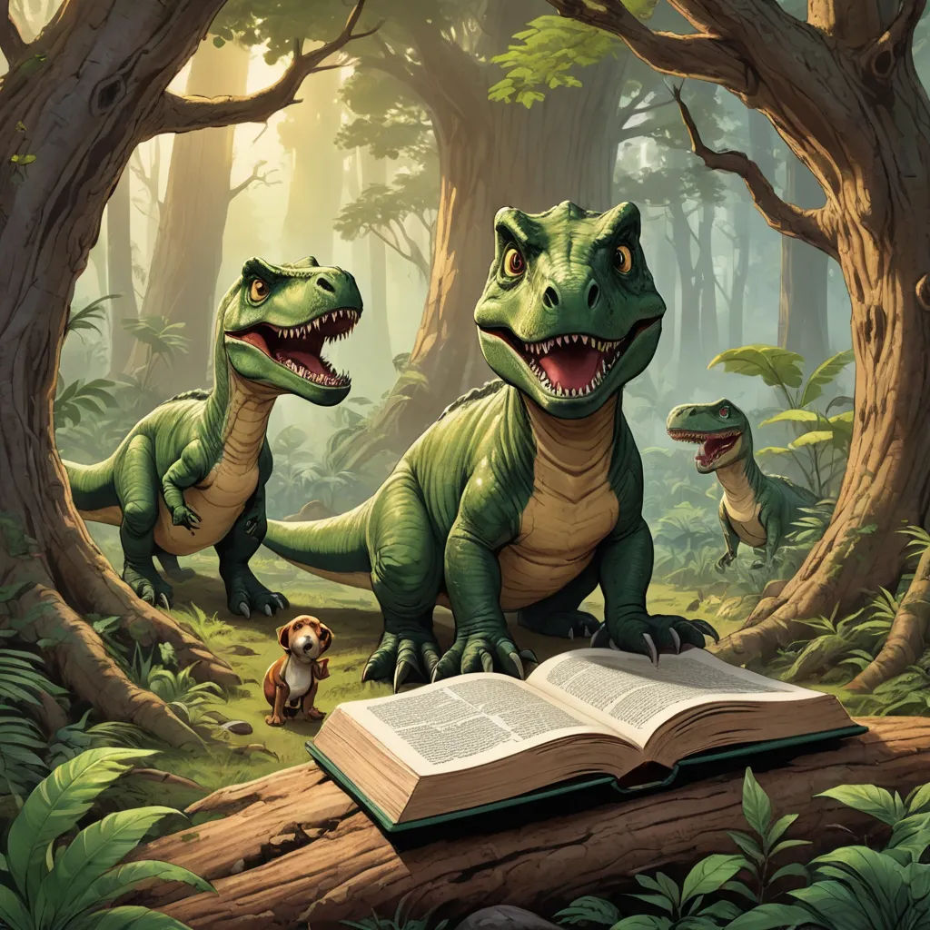 a book with dinosaurs in the forest with a dog on the ground and a book in the foreground, fantasy art, a storybook illustration, Chris LaBrooy, storybook illustration