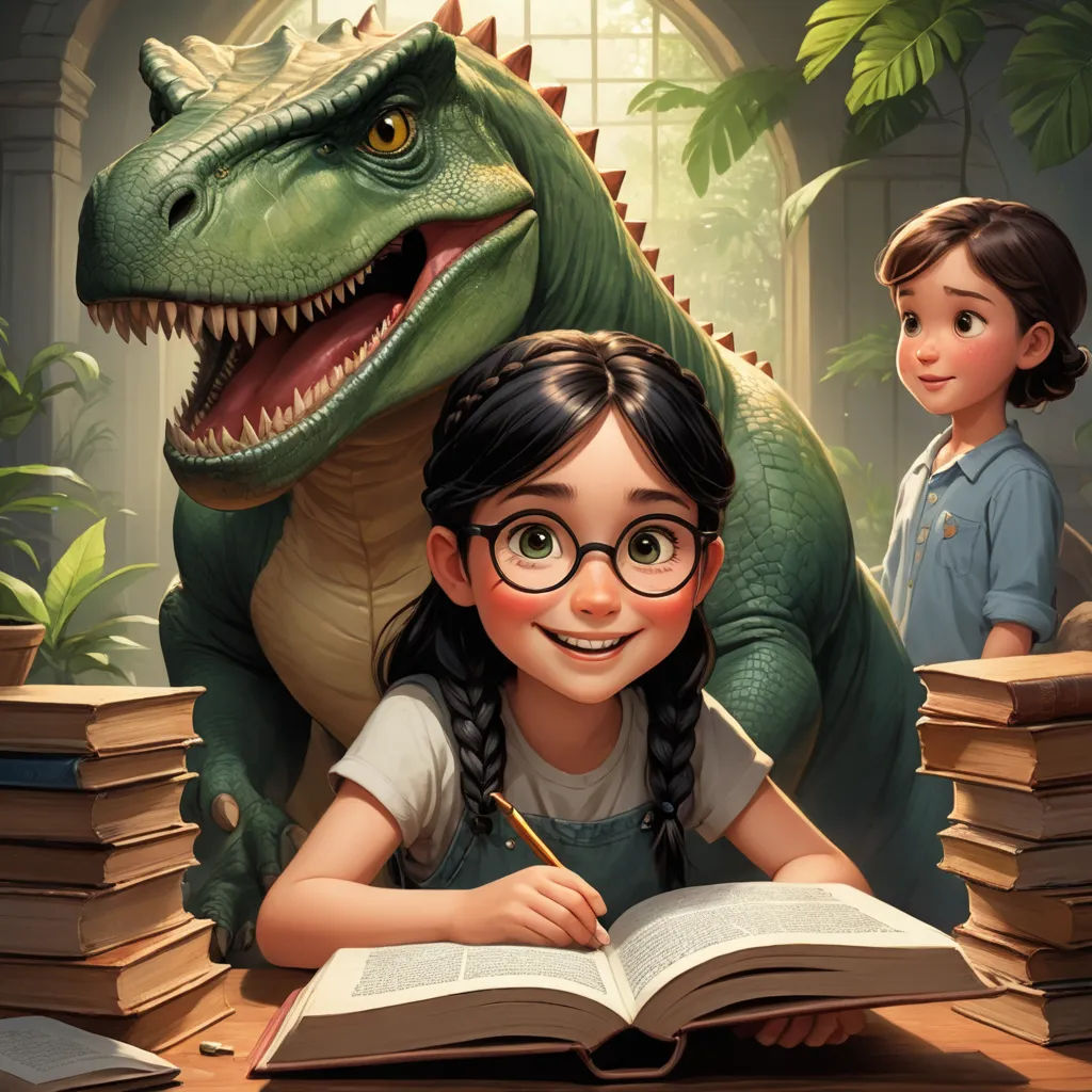 a girl and a boy are reading a book in front of a dinosaur and a girl is reading a book, fantasy art, a storybook illustration, Adam Rex, storybook illustration