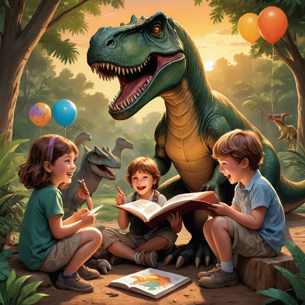 a group of children sitting on the ground reading a book to a dinosaur in the jungle with balloons floating around, fantasy art, a storybook illustration, Adam Rex, storybook illustration