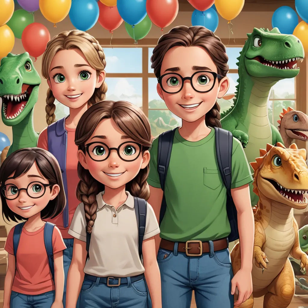a family of three standing in front of a dinosaur backdrop with balloons and balloons in the background, and a dinosaur in the foreground, sots art, a storybook illustration, Adam Rex, key art