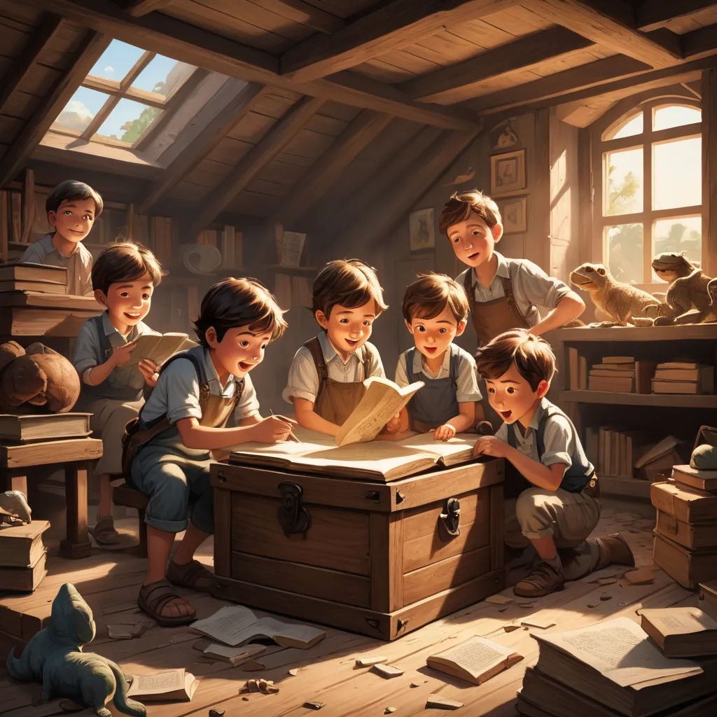 a group of children sitting around a chest of books in a room filled with books and toys and a teddy bear, fantasy art, a storybook illustration, Brothers Hildebrandt, storybook illustration